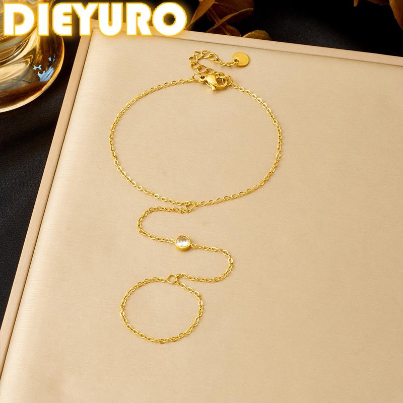 DIEYURO 316L Stainless Steel Fashion White Round Zircon Back Of Hand Chain Finger Bracelet Lady Trend Classic Waterproof Jewelry
