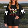 Ladies' Christmas Printed Bow Round Neck Long Sleeved Loose Pullover Sweater Sweatshirt Top