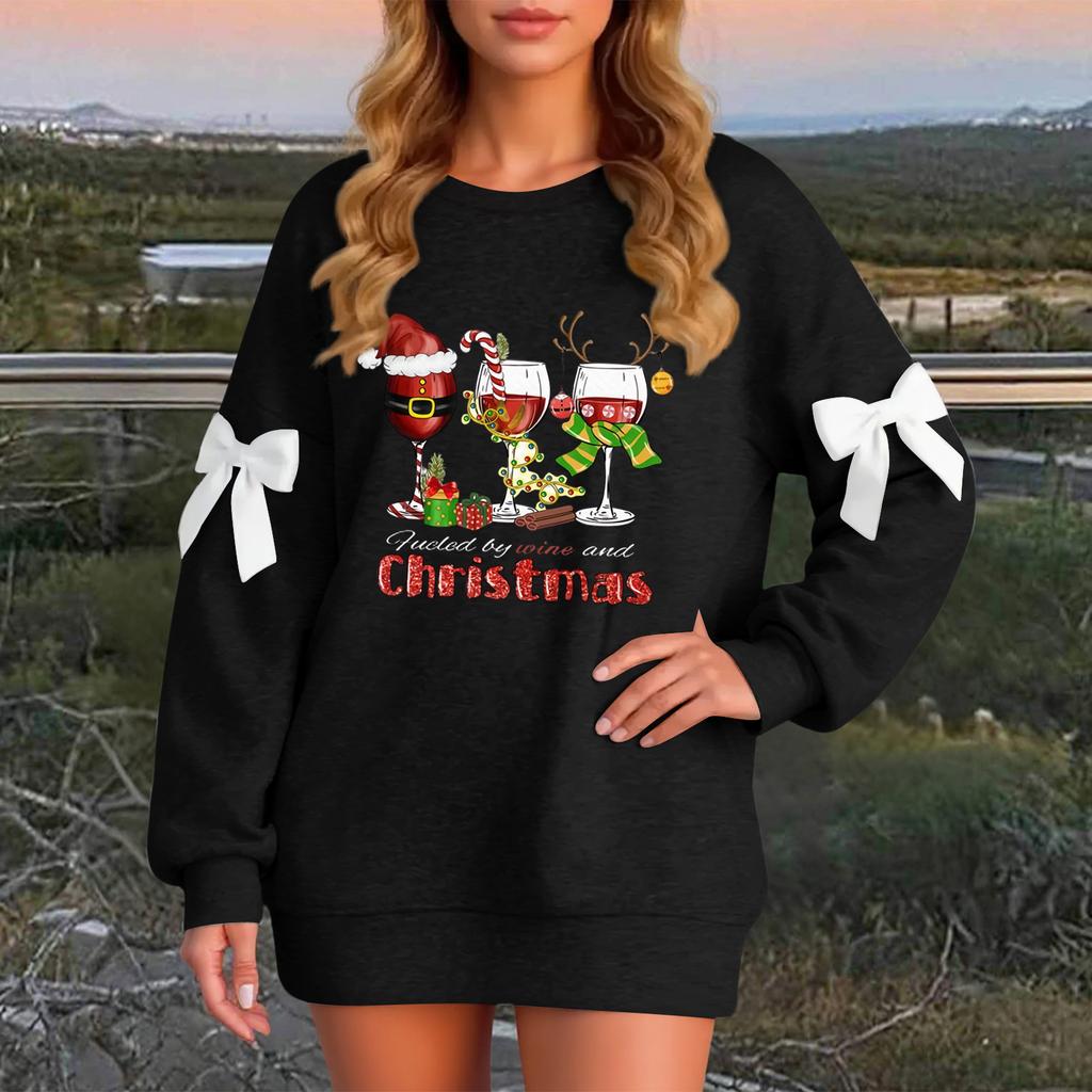Ladies' Christmas Printed Bow Round Neck Long Sleeved Loose Pullover Sweater Sweatshirt Top