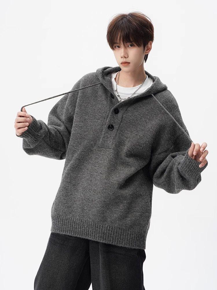 Men's Casual Knitted Hooded Pullover Sweater Coat - Autumn/Winter Versatile Loose Fit.