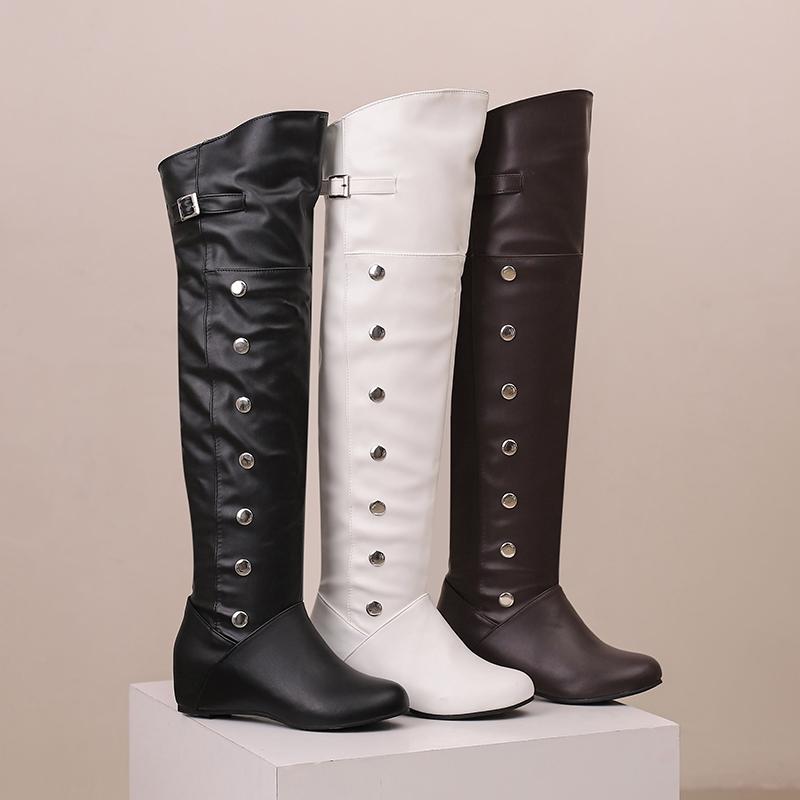 Plus Size Round Toe Wedge With Warm Plush Lining Slip-On Women'S Over The Knee Boots With Rivet Buckle Long Boots