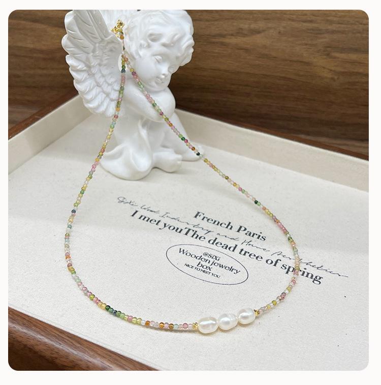 Qiaoen 2mm Turmalin Bonbonfarben Halskette mit Süßwasserperlen - Damen Französischer Retro-Stil