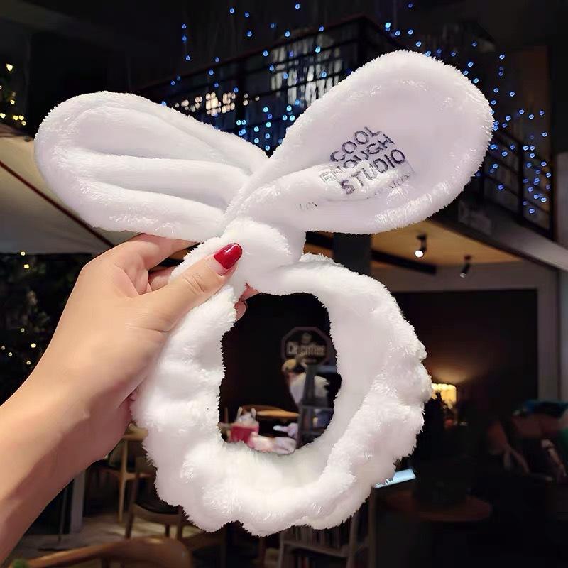 Custom Logo OMG Bowknot Wash Face Hairband Rabbit Cat Ear Cute Plush Lady Soft Women Elastic Hair Band Flannel Make up Headbands