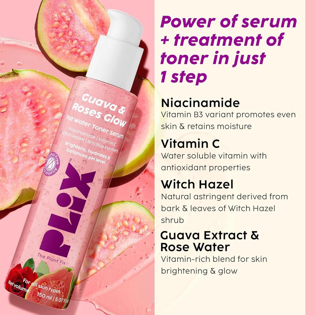 PLIX The Plant Fix Guave & Rosen Glow Fettiges Wasser Toner Serum 2-in-1 Feuchtigkeitsspendender Gesichtstoner 150ml