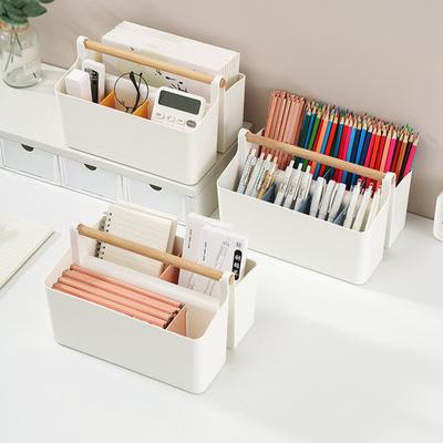 Cesta de Plástico de Escritorio con Asa de Madera Organizador de Suministros de Arte con Divisores Ajustables Cesta de Maquillaje Bolsa de Almacenamiento para Lápices de Colores Pinceles