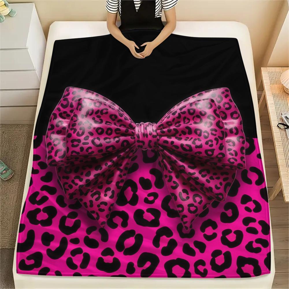 1Pc Pink&Black Bow Print Flannel Blanket, High quality Comfortable for All Seasons, Home Decor, Warmth and Comfort, Perfect for Christmas Gifts W28