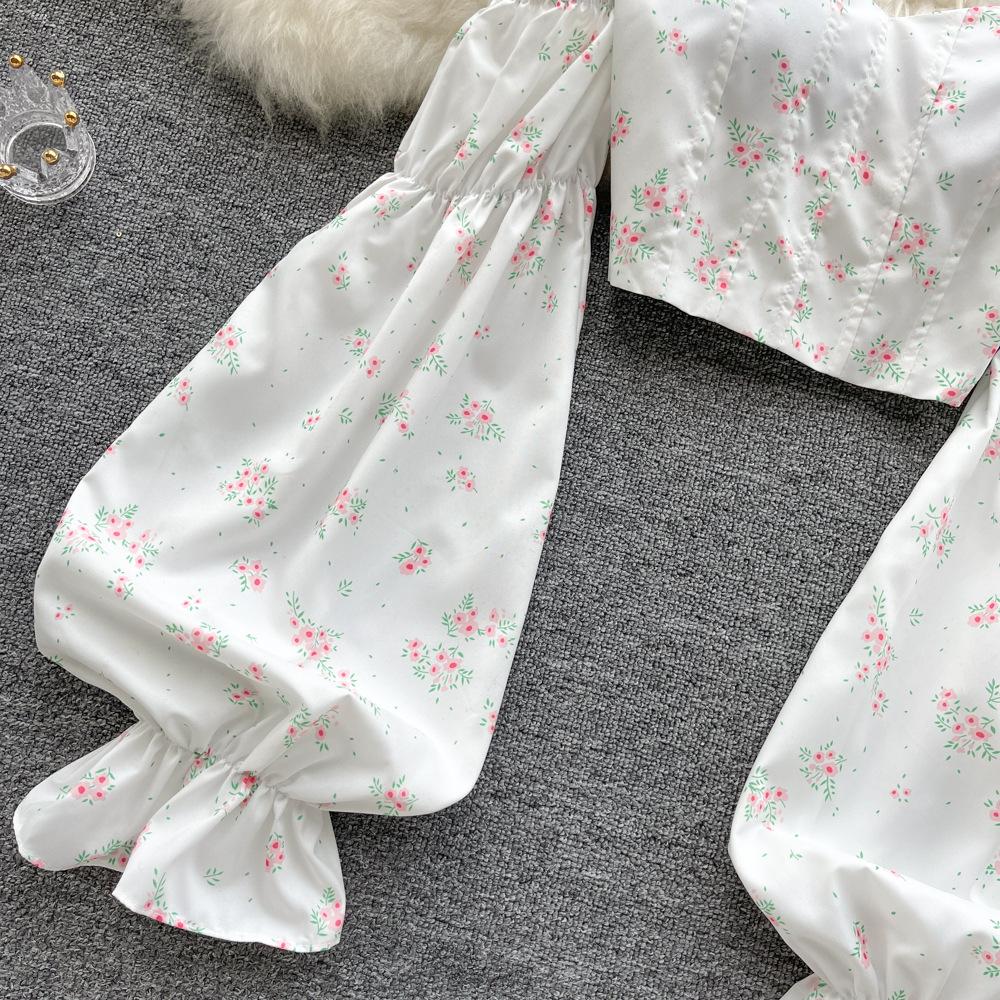 Women's Spice Girl One Shoulder Breasted Long Sleeve Shirt Backless Sweet Floral Short Temperament Top