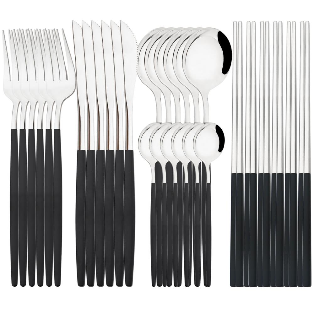 Jankng Western 30Pcs Dinnerware Knife Fork Spoons Chopsticks Cutlery Set High Quality Stainless Steel Set Kitchen Tableware Set
