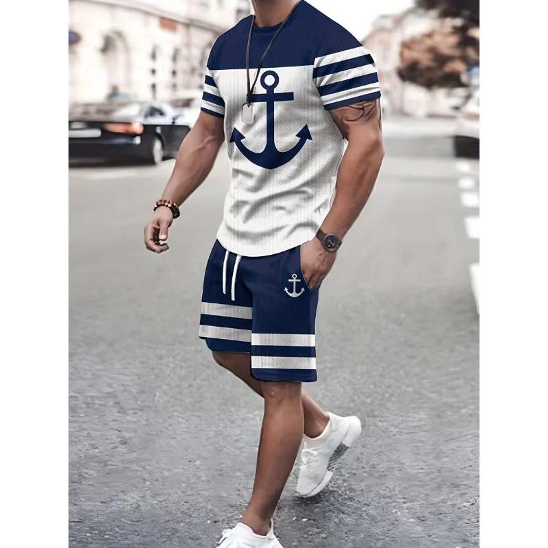 Anchor And Stripe T shirt Shorts Set 3D Color Block Print Men Women T-shirt Outfits Outdoor Street Sport Tee Two-Piece Set
