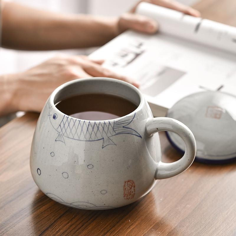 1000Ml Mug Large Capacity Ceramic Cup with Lid Coarse Pottery Hand-painted Office Water Cup Breakfast Cup Coffee Cup