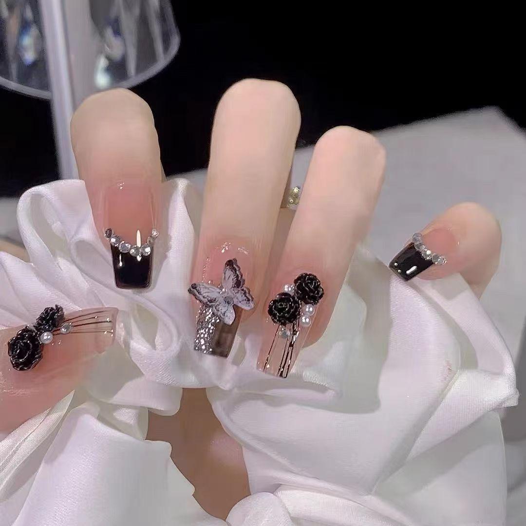 

Removable Black Gradient Spicy Girl Nails with 3D Diamonds, Flowers & Butterflies