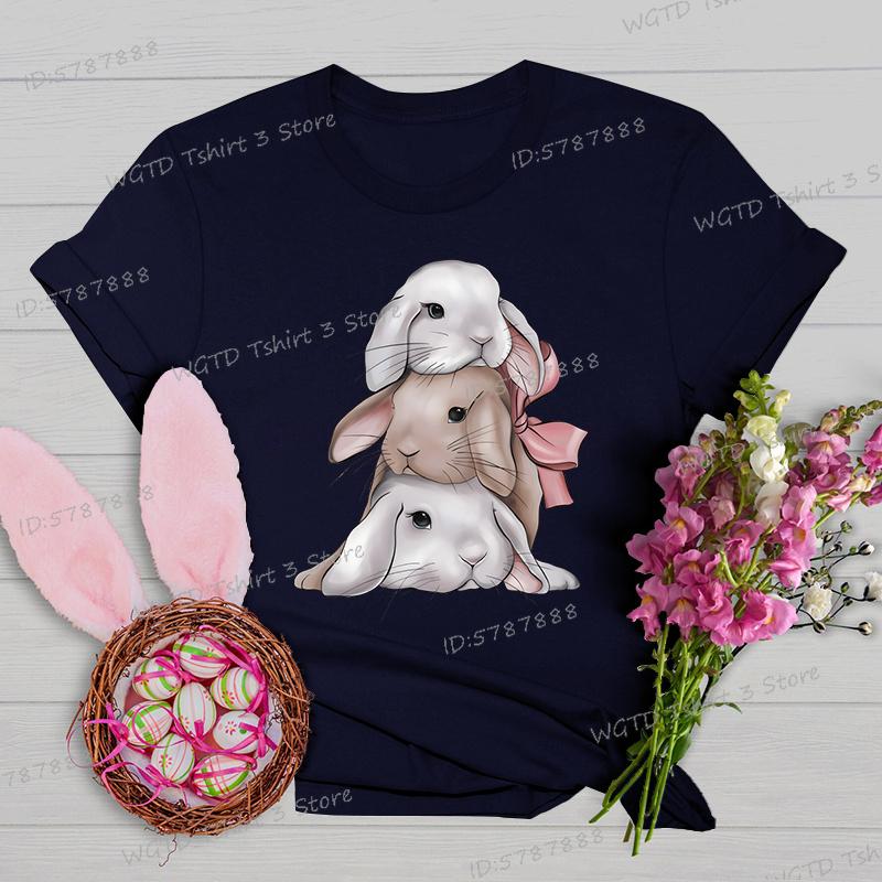 Easter Rabbit Shirts and Blouses Women Gift for Christian Crew Neck Short Sleeve Tshirt Cute Animal Bunny Easter Cartoon Tshirt
