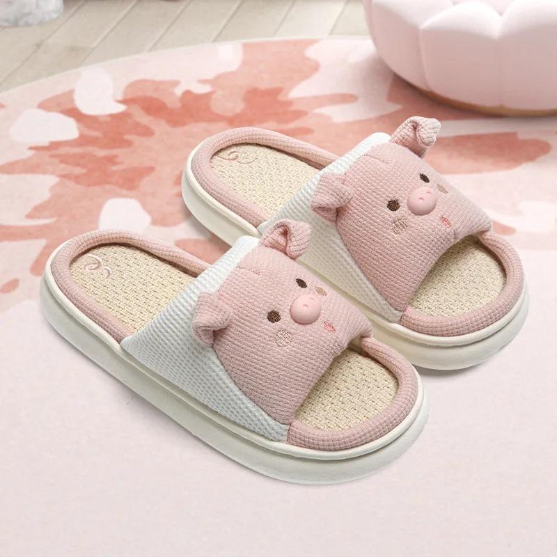 Fashion Linen Platform Slippers Women Home Cute Animal Cartoon Designer Shoes Girls Flats Fashion House Casual Footwear Elegant Big Size