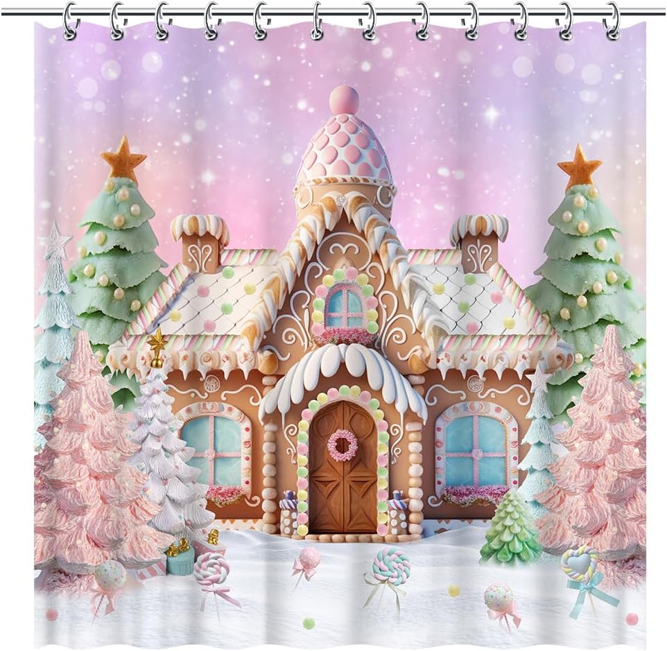 Christmas Cartoon Gingerbread House Shower Curtain Snow Winter Merry Xmas Tree Lollipop Santa Snowflake Party Decorations