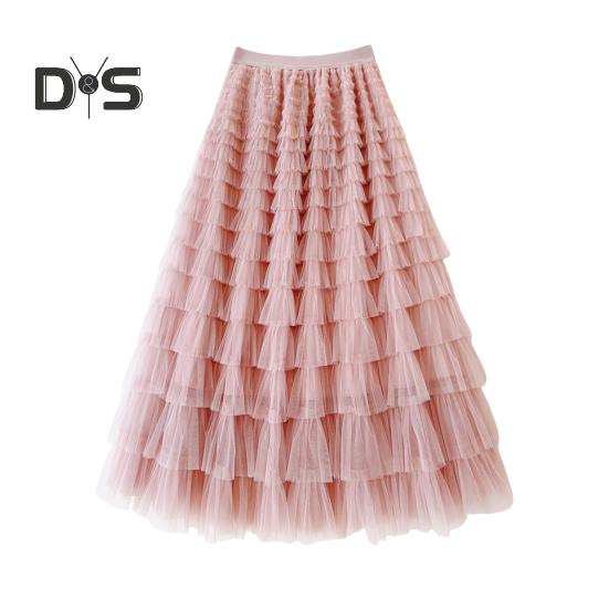 Dámská dortová sukně Jednobarevná sukně středního pasu Dlouhá sukně s elastickým pasem Síťovaný lem A-linii Maxi sukně pro každodenní nošení