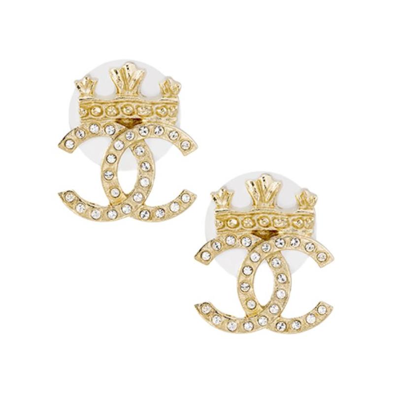 CHANEL Crown Classic Double C Logo Gold Metal Earrings Women's Gold