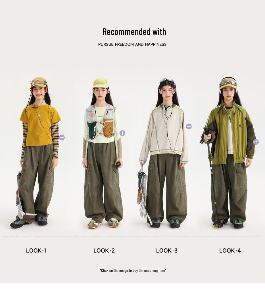 Tao Town Girls' Army Green Denim Scimitar Wide-Leg Cargo Pants - Spring/Autumn Casual Long Pants for Older Children