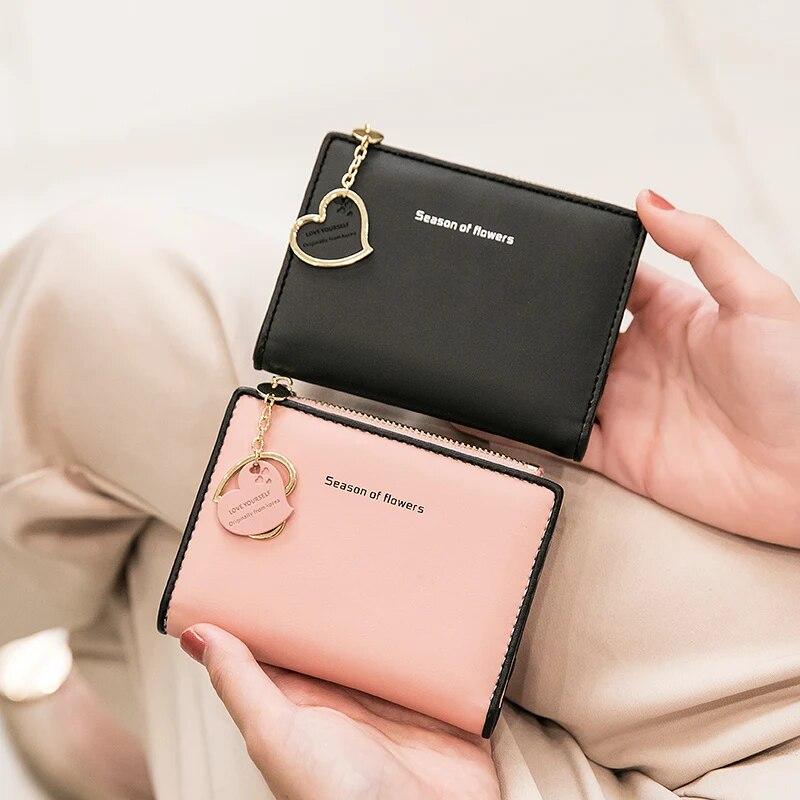 Women'S Small Wallet Double Fold Ultra Thin Zero Wallet Zipper ID Bag, Contrast Color Love Pendant Short Card Bag