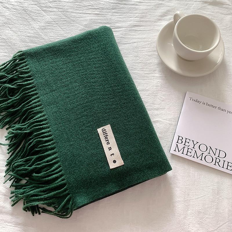 Flowing Fringe, Color-blocked, Simple Design, Faux Cashmere-like Scarf, Winter-thick, Cape-style, Student-friendly, Solid Color.