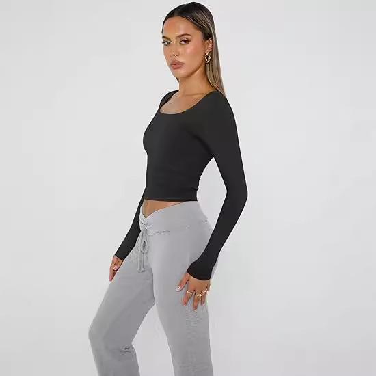 European & American Women's Slim-fit Milk Silk Long-sleeve Navel-baring T-shirt - Autumn Fashion Pullover.