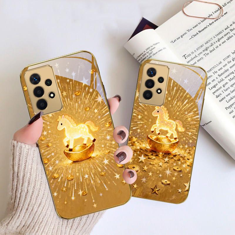The shining golden pony For Samsung A 01 52S A04 A05S A10 A12 A13 22 23 24 36 42 M02 Note 10 20Ultra 8 9 Golden glass phone case