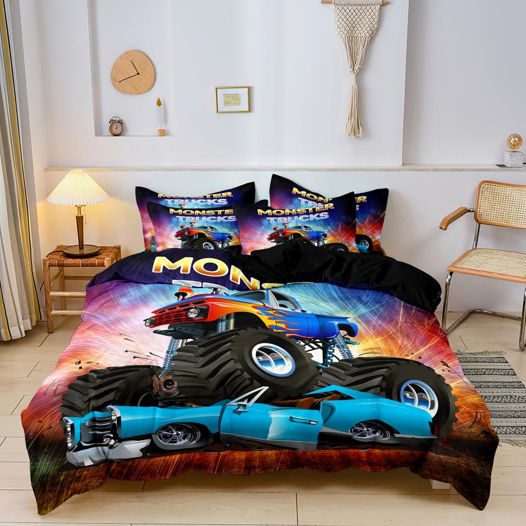 3Pcs Set Monster Truck Print Duvet Cover Set, Racing Digital Printed Bedding, For Home Bedroom Dormitory And Hotel Use