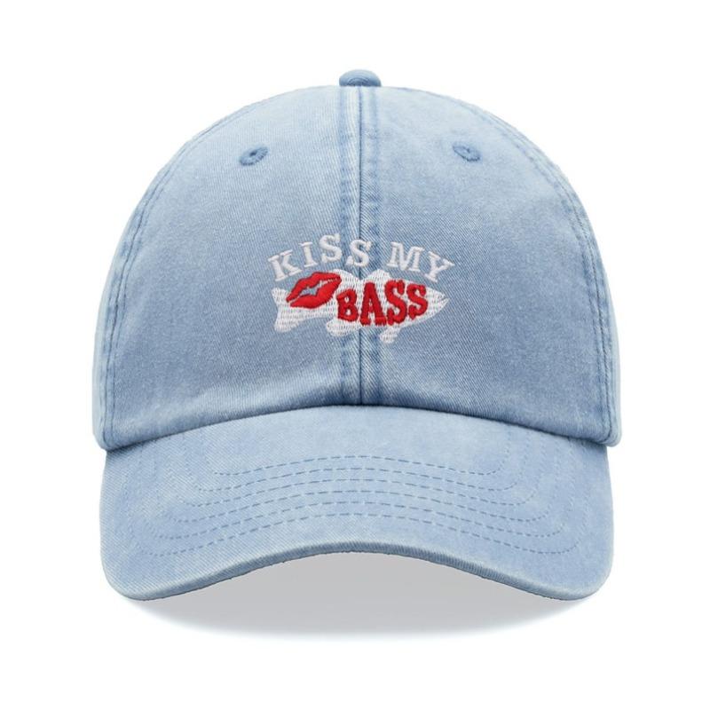 1pc "Kiss My Bass"leisure Unisex Baseball Cap,outdoor Windproof Vintage Washed Dad Skull Hat Suitable for Fishing,holiday,tralve