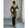 Spring New U-neck Solid Color Slim Knitted Long-sleeved Slit Dress