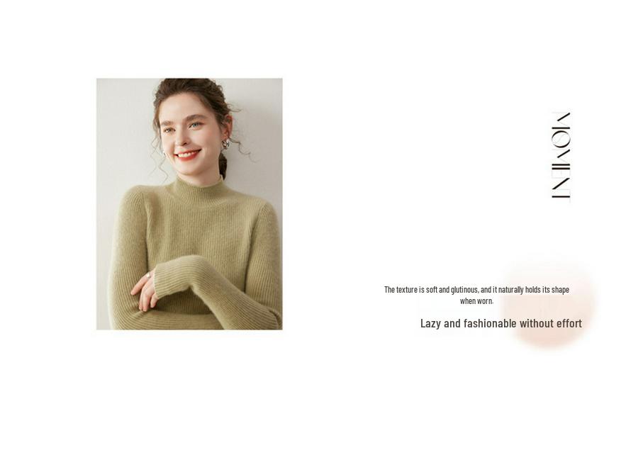 Women's Cashmere Solid Color Half-High Neck Sweater – Thick Knit, Slim Fit, Versatile Autumn/Winter Base Layer Top