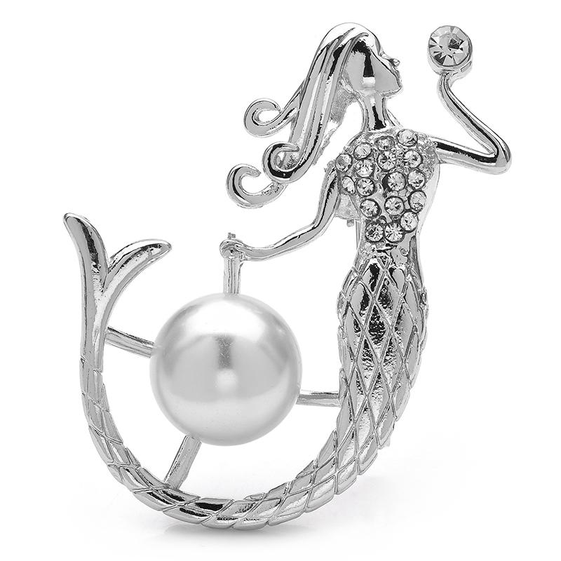 

Wuli&baby Большая брошь-булавка в виде рыбки-русалки с имитацией жемчуга, 2 цвета, металлическая бижутерия, аксессуар для ткани, значок с прозрачным кристаллом