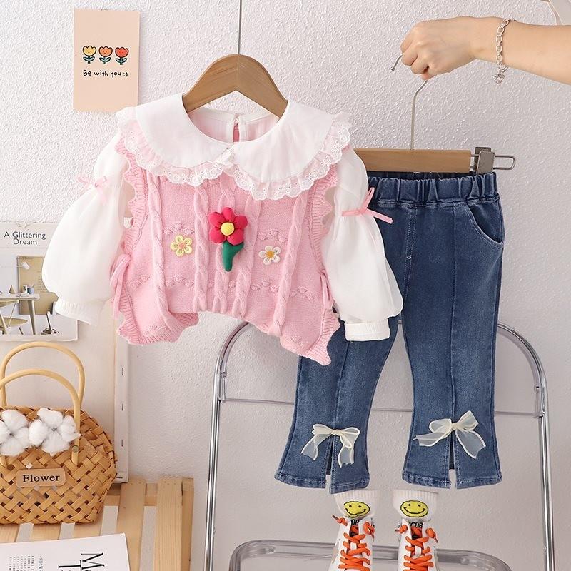 

Stylish Baby Girls Autumn Ensemble Soft Cotton Floral Sweater And Pants Set For 1 To 4 Year Olds Lace Pink Set,80cm/31.50in