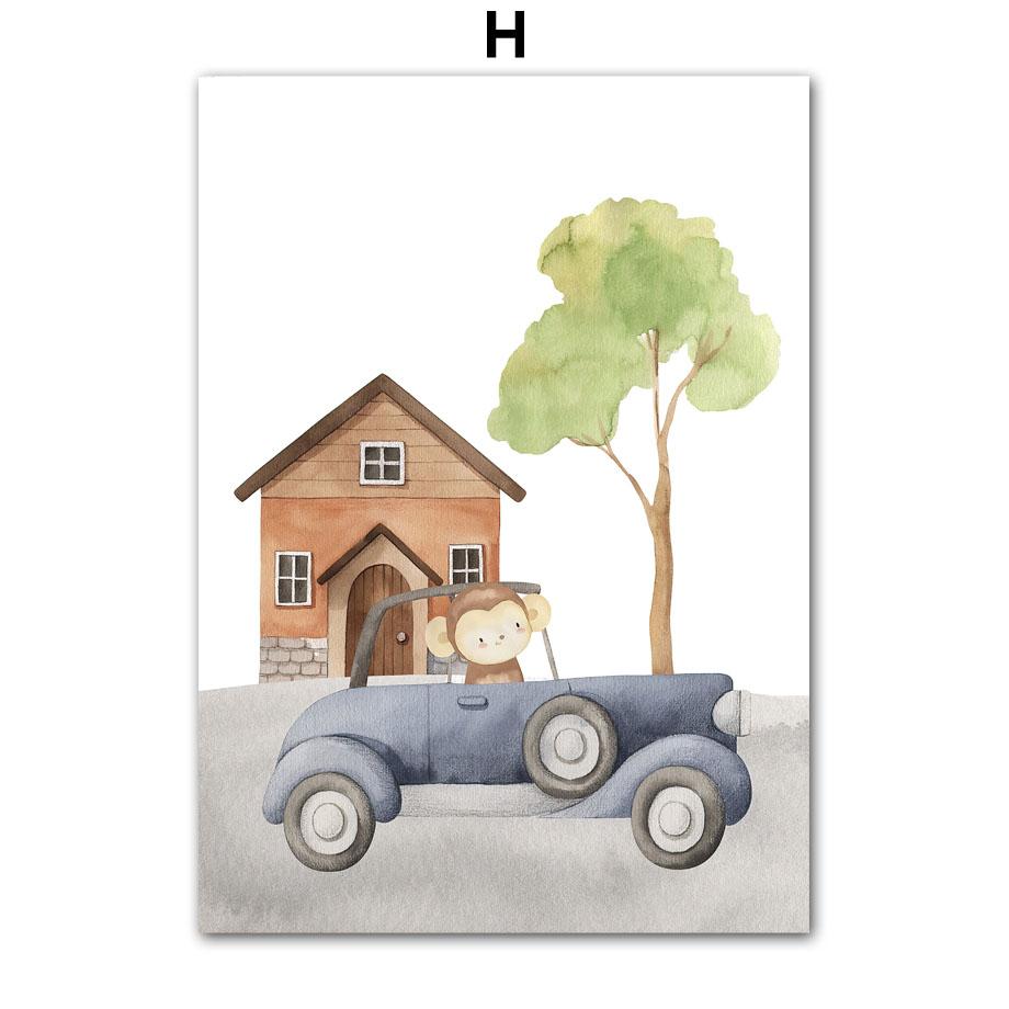 Car Giraffe Lion Elephant Monkey Jungle Animals Wall Art Canvas Painting Nordic Posters And Prints Pictures Baby Kids Room Decor