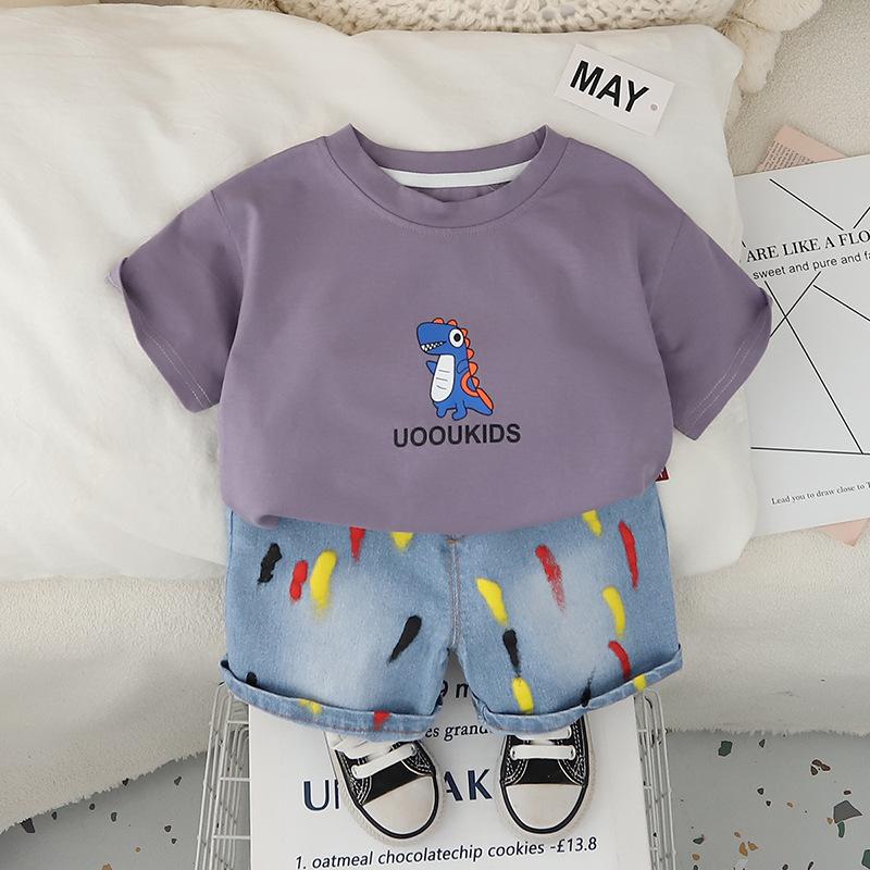 

Boys Summer Dinosaur Print Children s Short Sleeved Set Fashionable and Versatile Boys Baby Summer Two-piece Set 120 фиолетовый