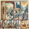 Retro Barcelona Lakeside Material Paper - European Cities Sea Pattern DIY, 10 Sheets