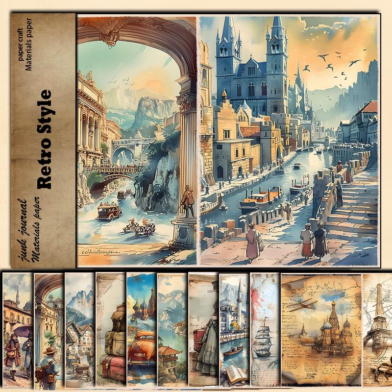 Retro Barcelona Lakeside Material Paper - European Cities Sea Pattern DIY, 10 Sheets