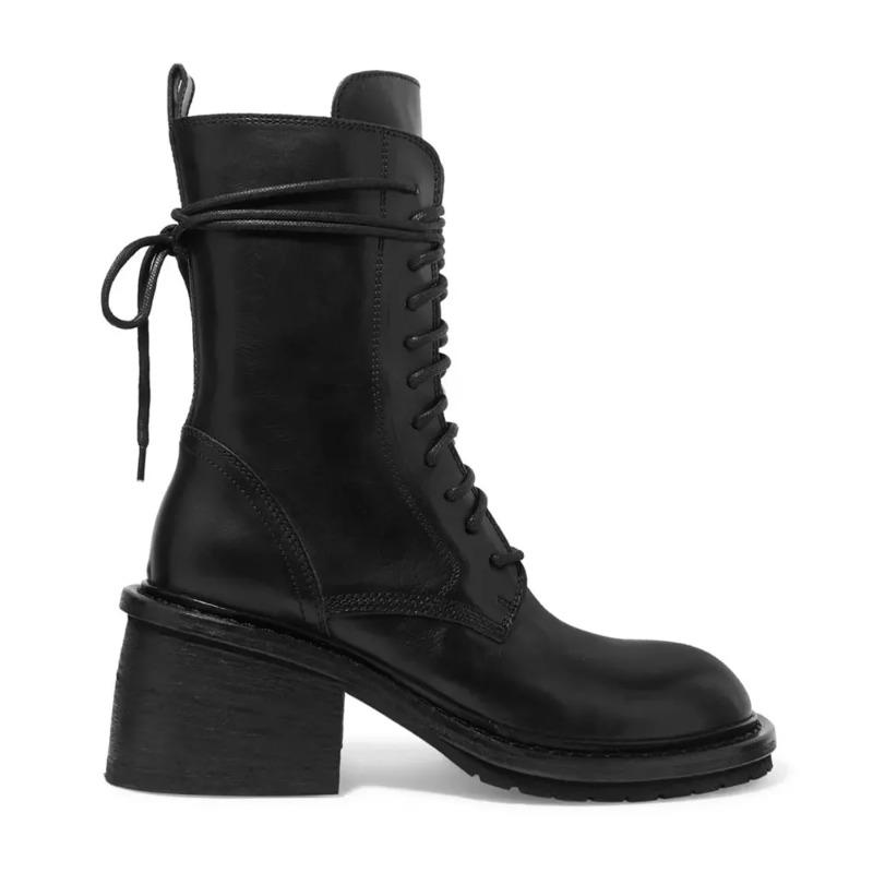 2025 Winter Brand High Quality Chic Cool Ankle Boots Women Fashion Black Block Heels Lace-up Zipper Motorcycles Boots Shoes