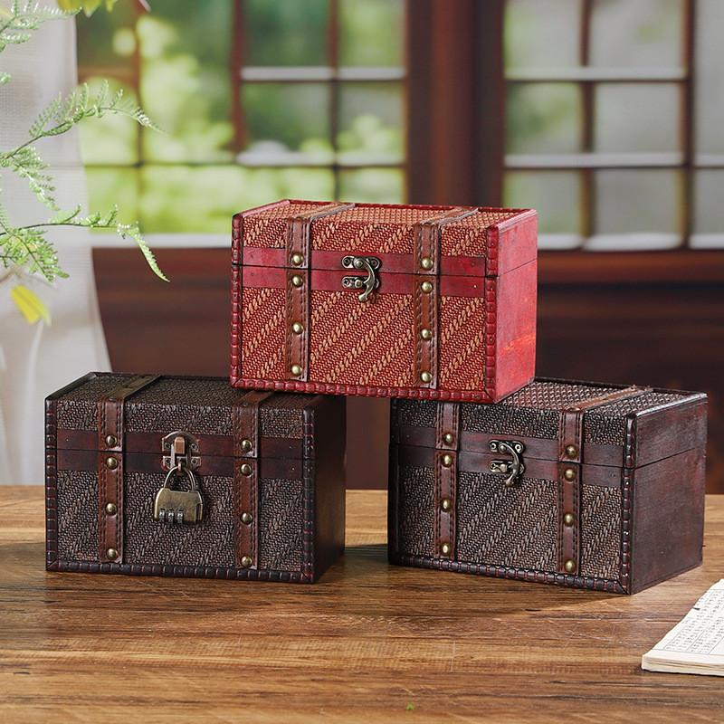 Lockable Wooden Organizer Medicine Box Password Protected Retro Woven Car Storage
