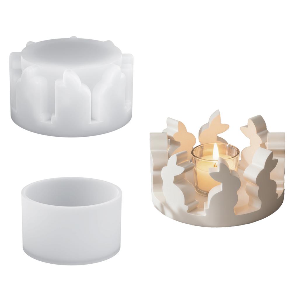 DIY Easter Bunny Round Candle Holder Resin Mold, Plaster Bunny Decoration Silicone Mold for Desktop Storage