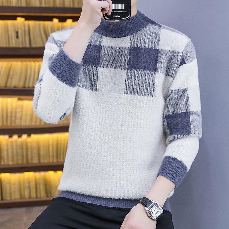 

Men s Trendy Faux Mink Velvet Sweater for Junior and High School Students, Thickened Autumn Winter Knitwear with Half-High Collar. 3XL синій