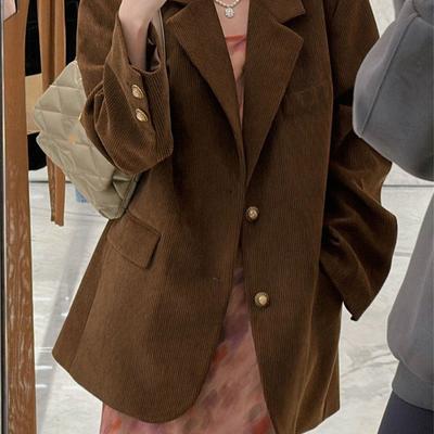 Blazer vintage en velours côtelé pour femme, col cranté, simple boutonnage, couleur unie, manteau ample, mode printemps