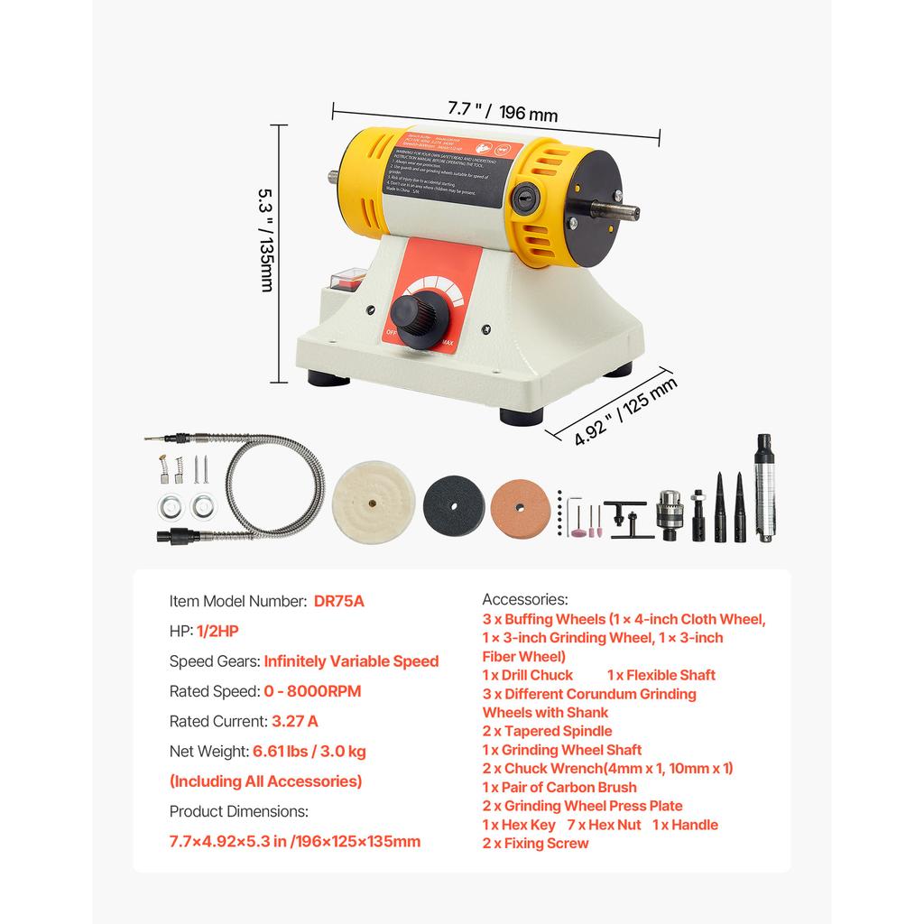 SucceBuy Bench Buffer Polisher 1/2HP 0 to 8000RPM with 4"Cloth Wheel 3"Grinding Wheel 3"Fiber Wheel for Metal Jewelry Plastic