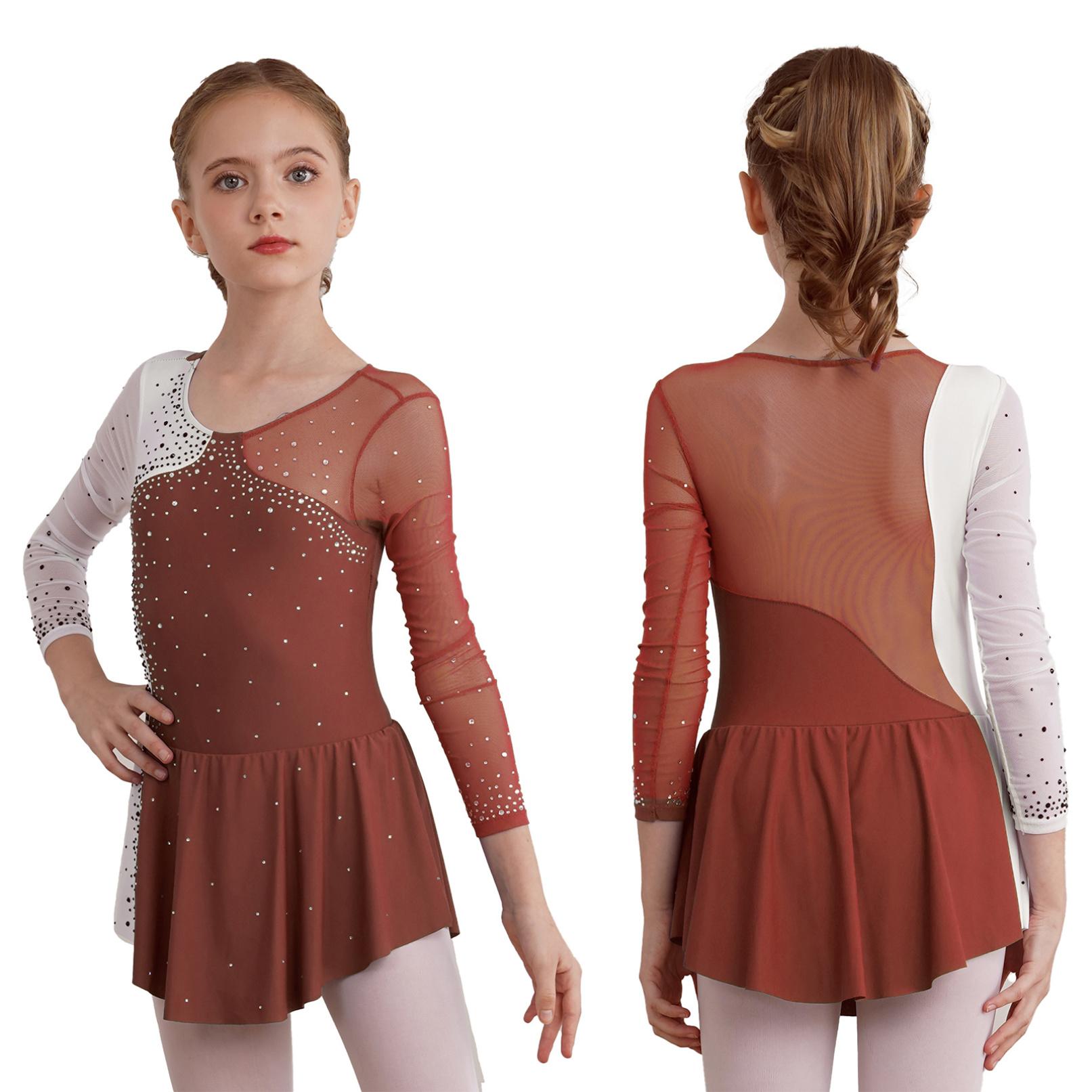 Tiaobug Stijlvolle balletdansjurk voor meisjes, ronde hals, glanzende strass versierde gymnastiekpakjes, feestkleding 13-14 Years bruin