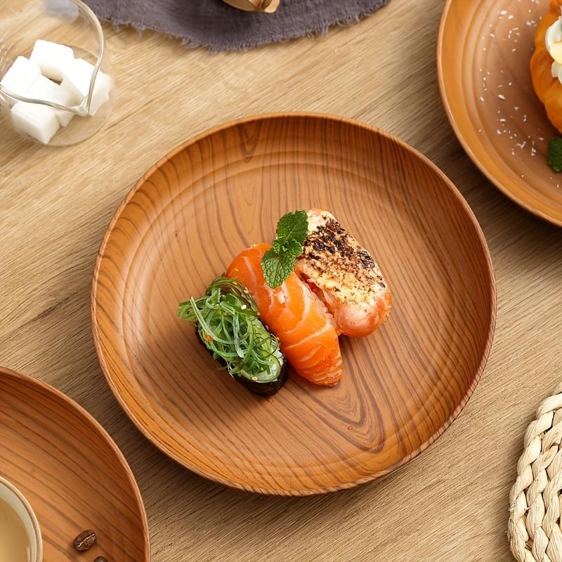 Cross Border Wood Grain Round Plate Dish Plate for Home Fruit Dessert Coffee Cake Plastic Tray