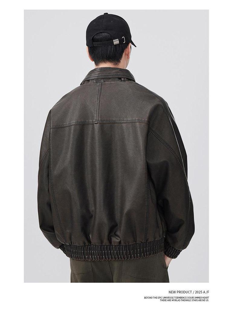 Men's Retro Cool PU Leather Bomber Jacket with Buckle Stand Collar