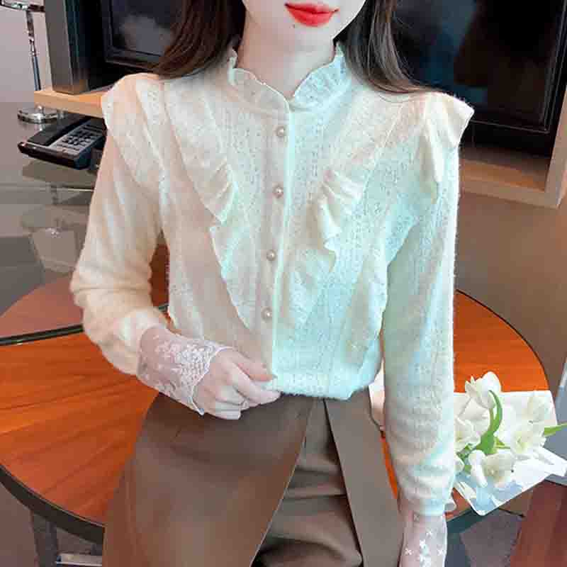 Fashion New 2024 Winter Long Sleeve Stand Collar Ruffles Apricot Velvet Lace Blouse Shirt Women Tops Blouses Shirts J790