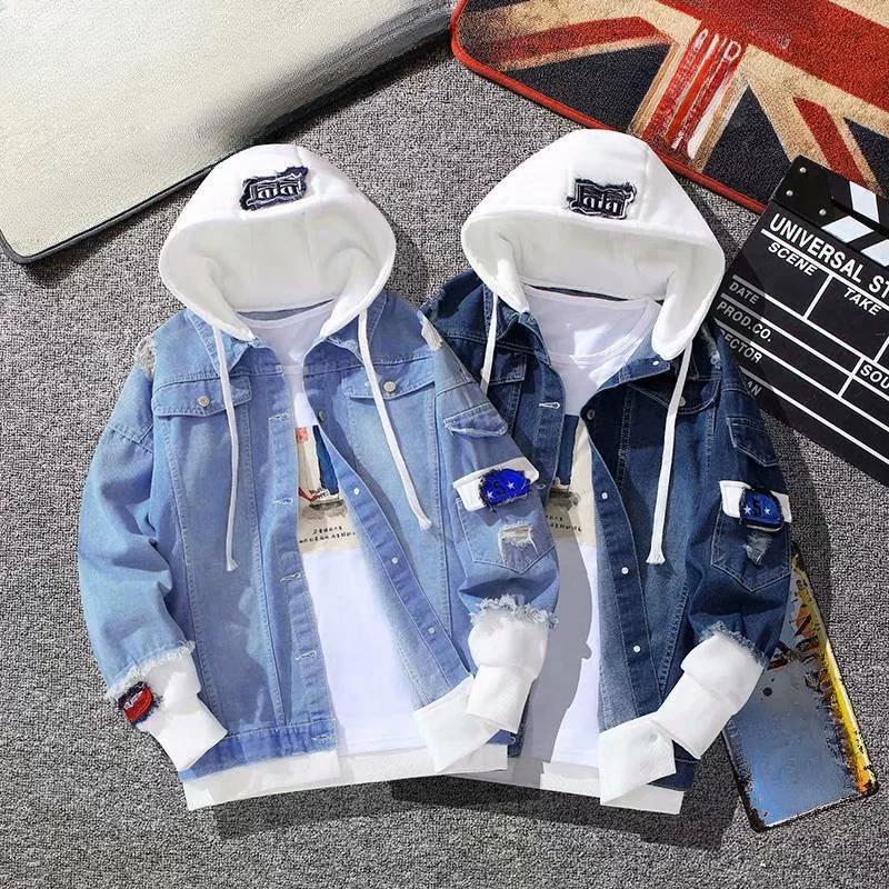 Spring and Autumn Splicing Fake Two Piece Cowboy Jacket Korean Edition Trendy Casual Versatile Loose Workwear Hooded Casual Jacket