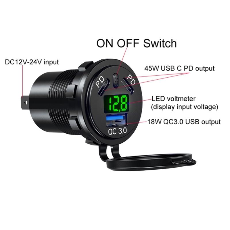 USB C Car Charger Socket 45W Type C 18W USB with LED Digital Display Fast Charger Socket for Motorcycle Trucks
