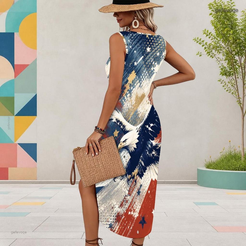 Women Plus Size U Neck Sleeveless Starry Printed Dress Red Blue White High Side Slit Curved Hem