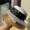 Retro French Pearl Flat Top Top Hat Women's Spring and Summer Travel Sunscreen Sunshade Straw Hat