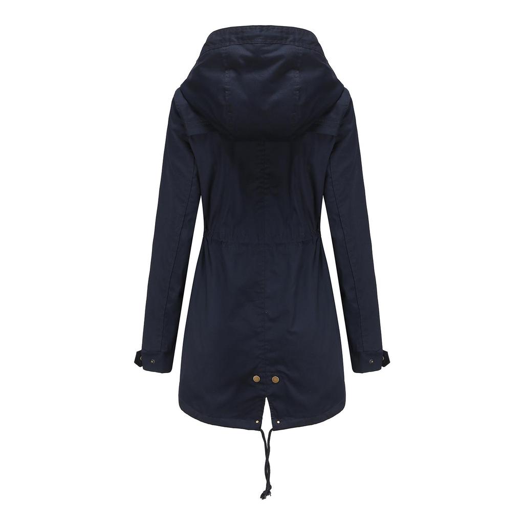 Women’s Trench Coat Cotton Solid Color Hooded Zipper Windproof Long Jacket Drawstring Outdoor Hiking Windcheater Spring Autumn Winter Outwear